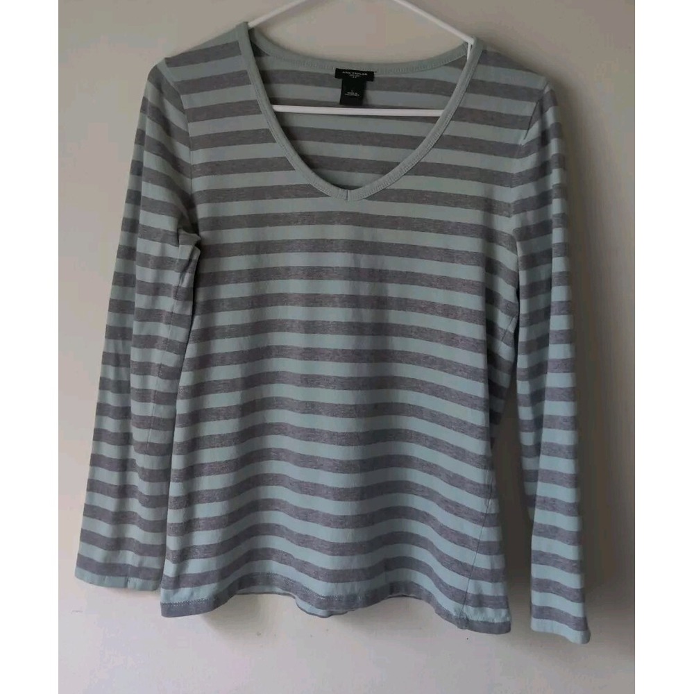 Ann Taylor Long Sleeve Mint‎ Green/Gray Striped Shirt Size Medium V-neck Casual